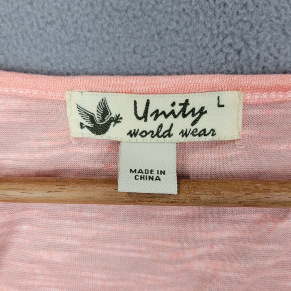 Unity World Wear Blouse Women's Large Peach Lace Trim Shark Tie Neck Cap Sleeve - Picture 5 of 12